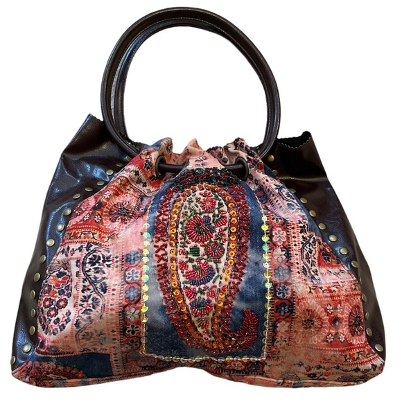 Far Nine Handbags - Far Nine Tapestry Look Faux Leather Satchel with Sequin/Bead Detail NWOT